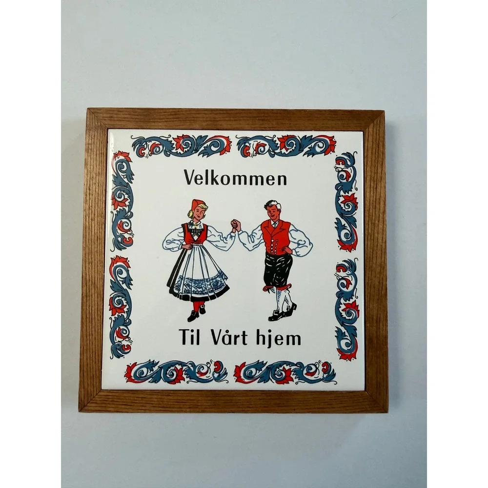 VTG  Norwegian Welcome Tile Wall Plaque Trivet  7x7 White Blue Red Folk Art
